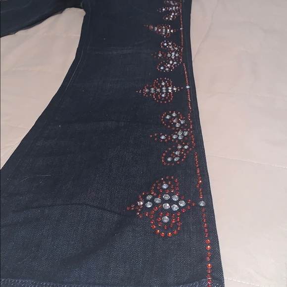 Dark denim jeans with orange and white rhinestones - Picture 2 of 4